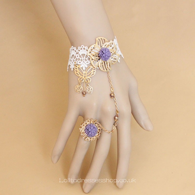 Sweet Girl Metal Butterfly with Purple Flower Ring Lolita Bracelet