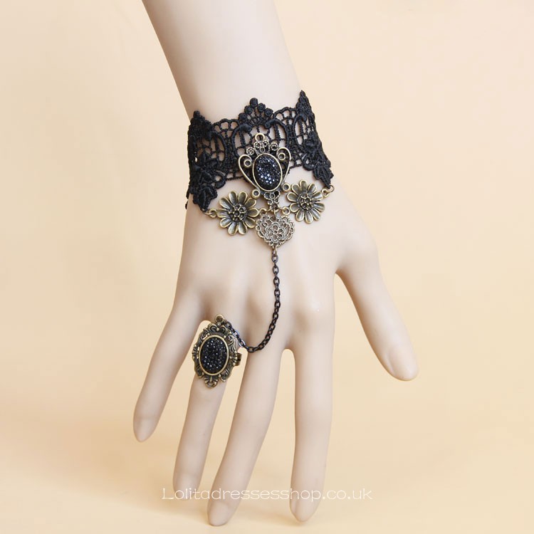 Lolita Black Lace Gemstone Bronze Flower Bracelet