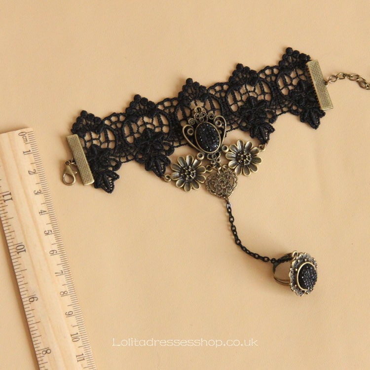 Lolita Black Lace Gemstone Bronze Flower Bracelet