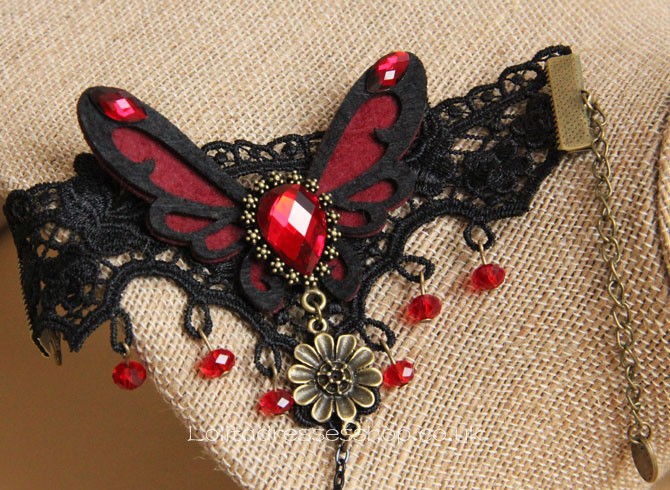 Black Lace Red Butterfly and Crystal Lolita Bracelet