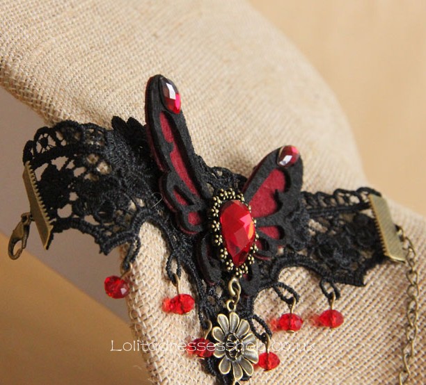 Black Lace Red Butterfly and Crystal Lolita Bracelet