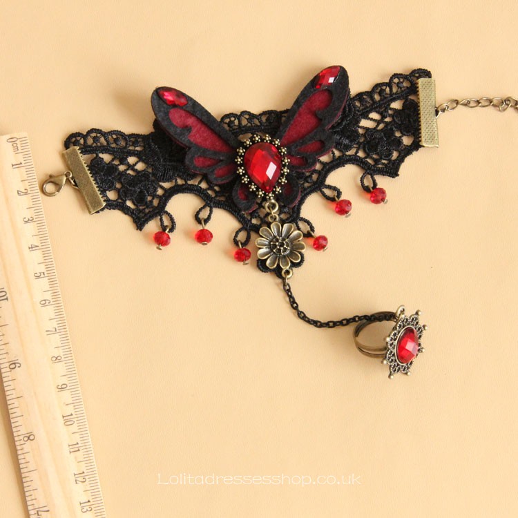 Black Lace Red Butterfly and Crystal Lolita Bracelet