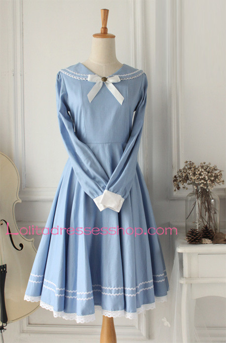 Sweet Light Blue Cotton Doll Collar Long Sleeves Sailor Lolita Dress