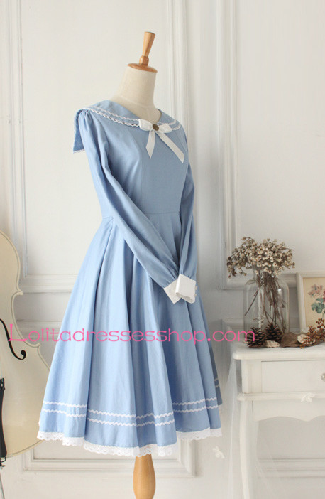 Sweet Light Blue Cotton Doll Collar Long Sleeves Sailor Lolita Dress