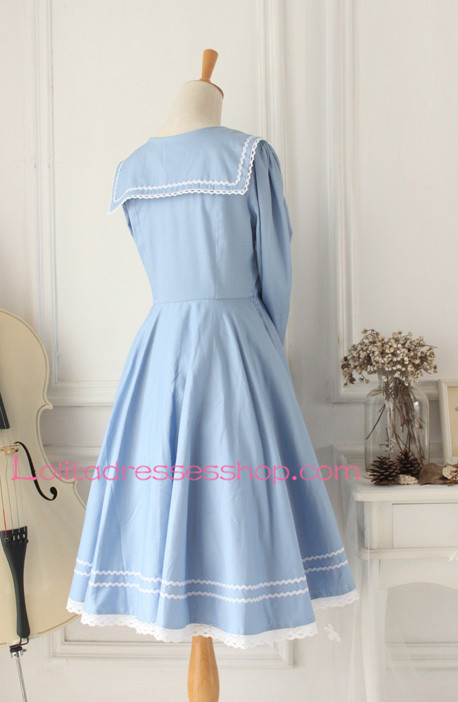 Sweet Light Blue Cotton Doll Collar Long Sleeves Sailor Lolita Dress