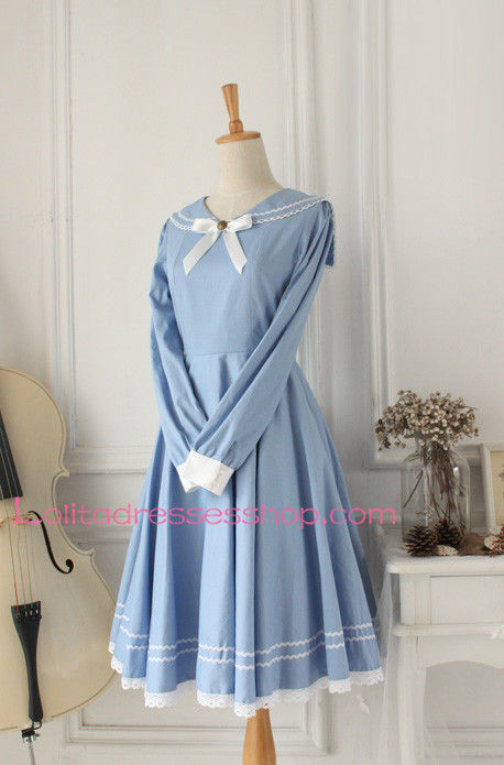 Sweet Light Blue Cotton Doll Collar Long Sleeves Sailor Lolita Dress