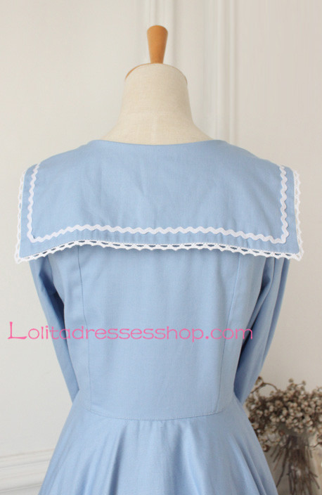 Sweet Light Blue Cotton Doll Collar Long Sleeves Sailor Lolita Dress