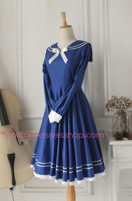 Sweet Dark Blue Cotton Doll Collar Long Sleeves Sailor Lolita Dress