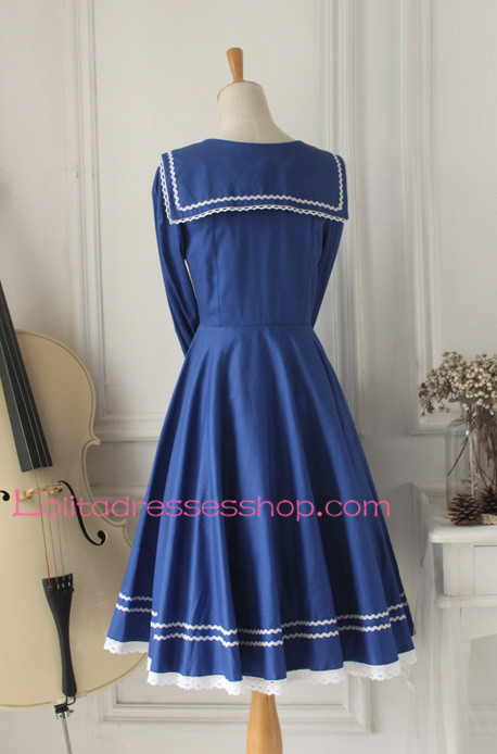 Sweet Dark Blue Cotton Doll Collar Long Sleeves Sailor Lolita Dress