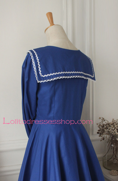 Sweet Dark Blue Cotton Doll Collar Long Sleeves Sailor Lolita Dress