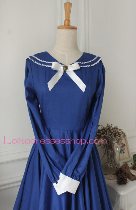 Sweet Dark Blue Cotton Doll Collar Long Sleeves Sailor Lolita Dress