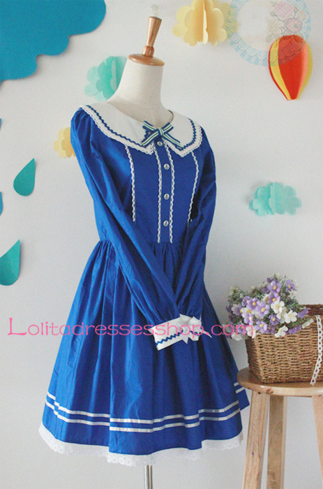 Blue Cotton Navy Collar Long Sleeves Bow Sailor Lolita Dress