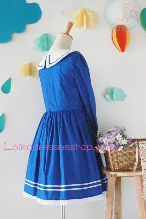 Blue Cotton Navy Collar Long Sleeves Bow Sailor Lolita Dress