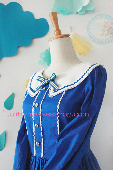 Blue Cotton Navy Collar Long Sleeves Bow Sailor Lolita Dress
