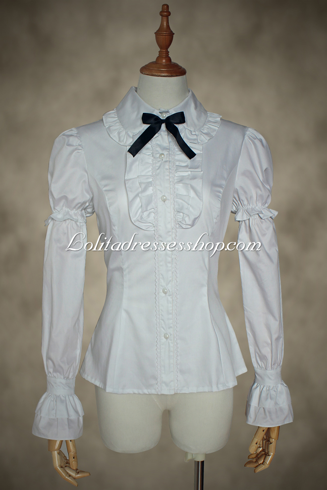 White Cotton Lapel Long Bowknot Sleeve Lolita Blouse