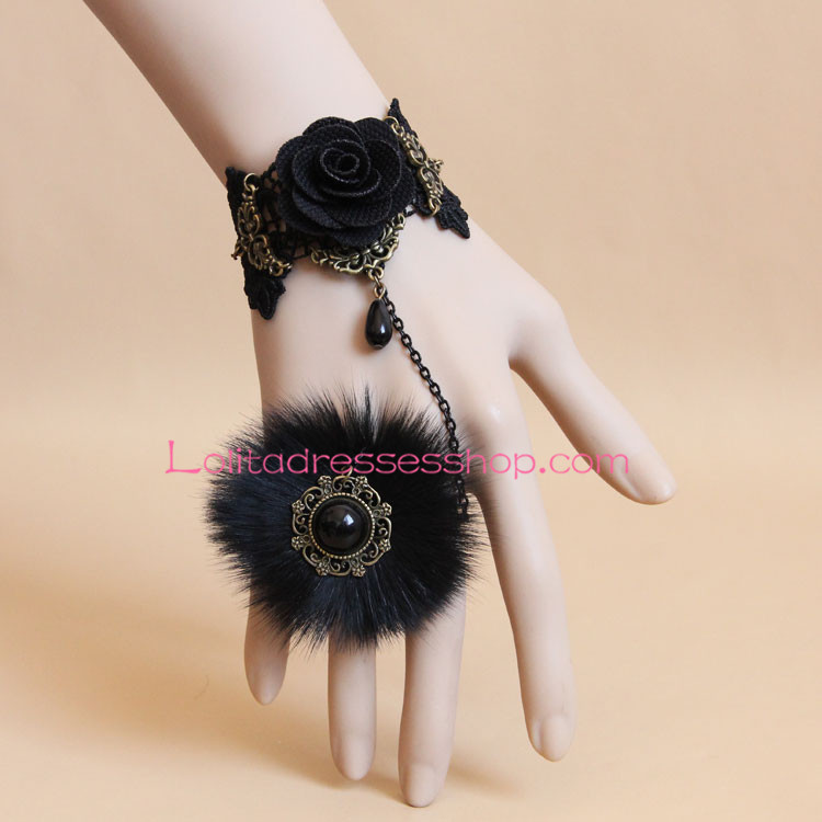 Black Lace and Fox Wool with Rose Pearl Lolita Bracelet