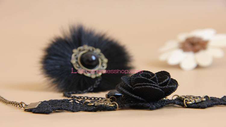 Black Lace and Fox Wool with Rose Pearl Lolita Bracelet