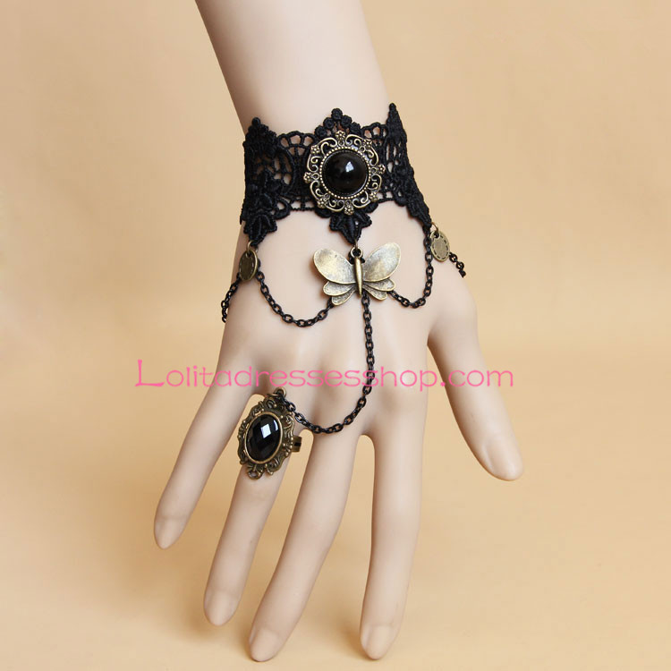 Lolita Bracelet Black Lace Pearls Bronze Butterfly