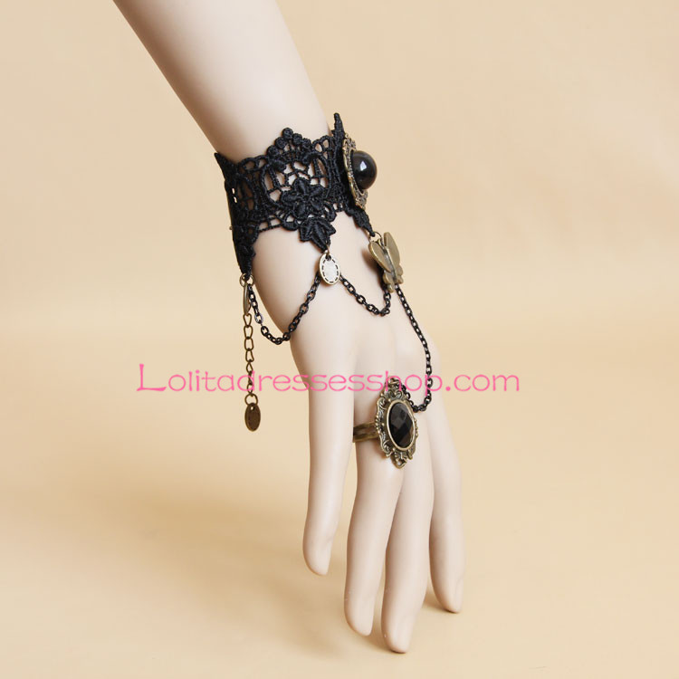 Lolita Bracelet Black Lace Pearls Bronze Butterfly