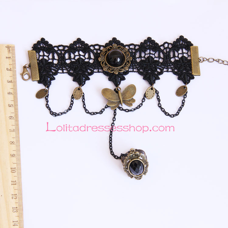 Lolita Bracelet Black Lace Pearls Bronze Butterfly