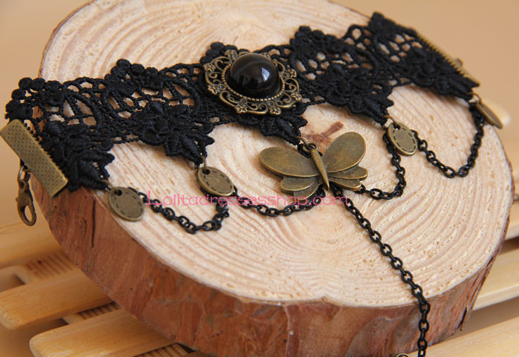 Lolita Bracelet Black Lace Pearls Bronze Butterfly