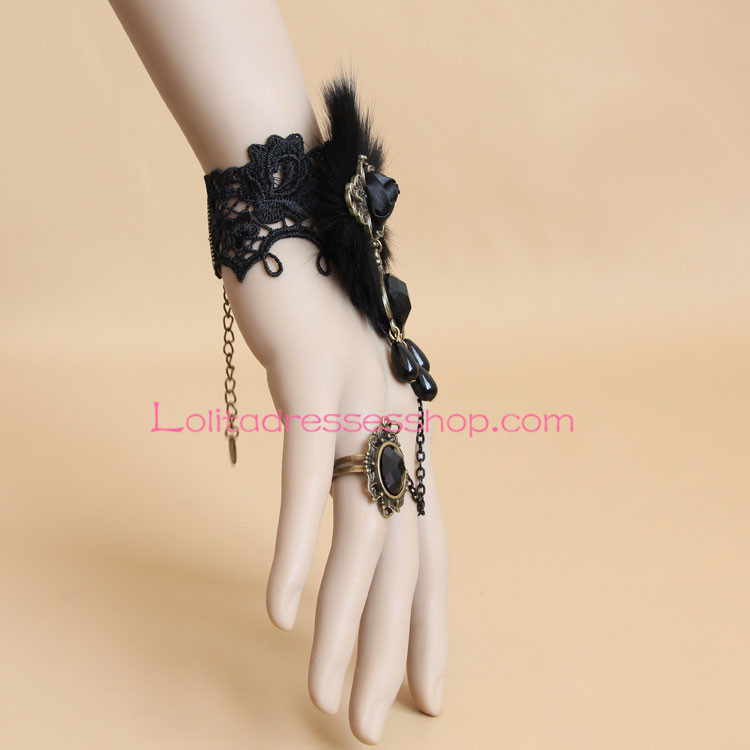 Dance Luxury Black Fox Fur Lace Lolita Bracelet