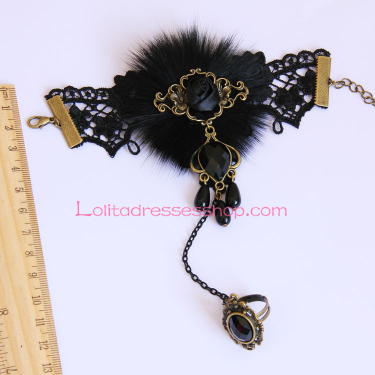 Dance Luxury Black Fox Fur Lace Lolita Bracelet