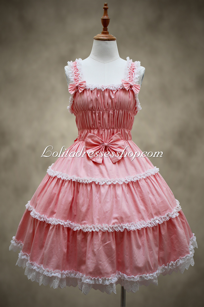 Pink Cotton Square Neck Sleeveless Bowknot Sweet Lolita Dress