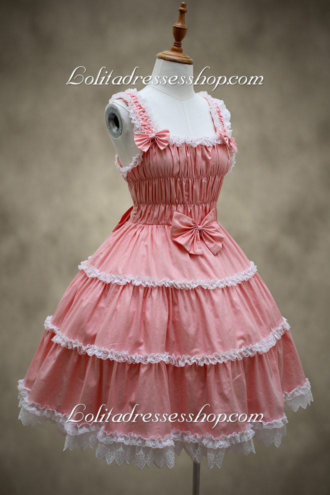 Pink Cotton Square Neck Sleeveless Bowknot Sweet Lolita Dress