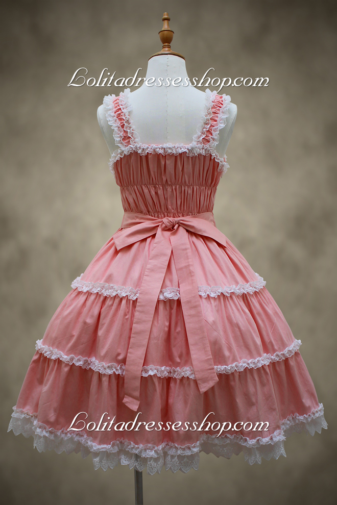 Pink Cotton Square Neck Sleeveless Bowknot Sweet Lolita Dress