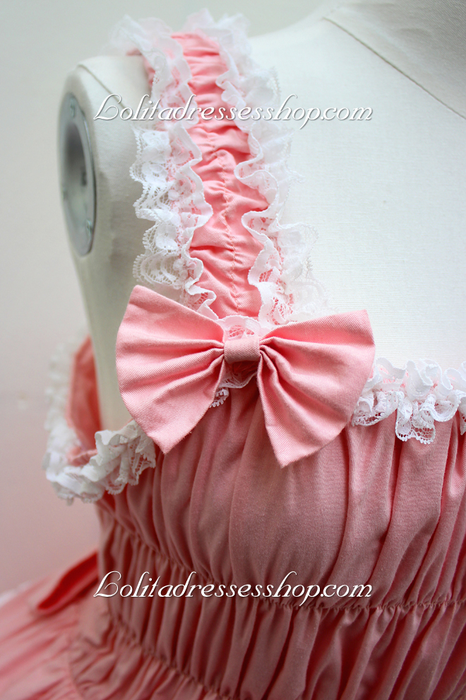 Pink Cotton Square Neck Sleeveless Bowknot Sweet Lolita Dress