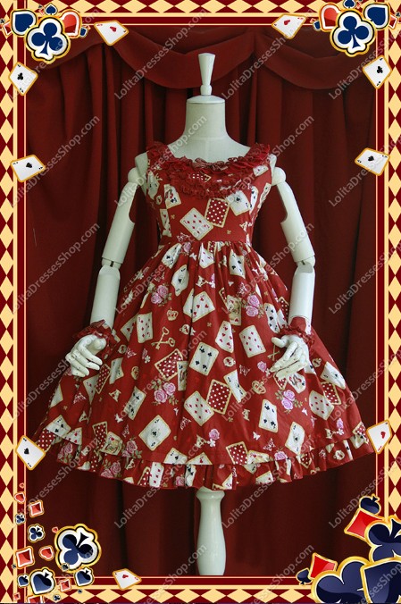 Red Poker Printing High Waist Sweet Lolita Dress