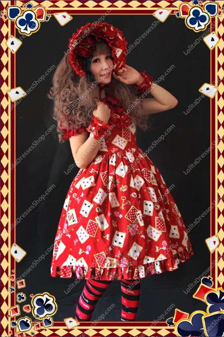 Red Poker Printing High Waist Sweet Lolita Dress