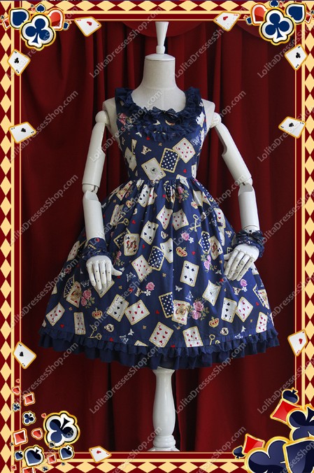 Blue Poker Printing High Waist Sweet Lolita Dress