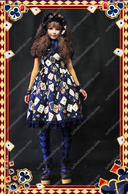 Blue Poker Printing High Waist Sweet Lolita Dress