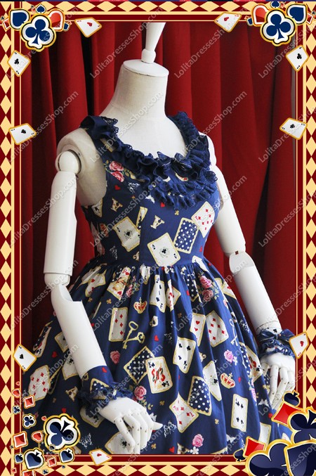 Blue Poker Printing High Waist Sweet Lolita Dress