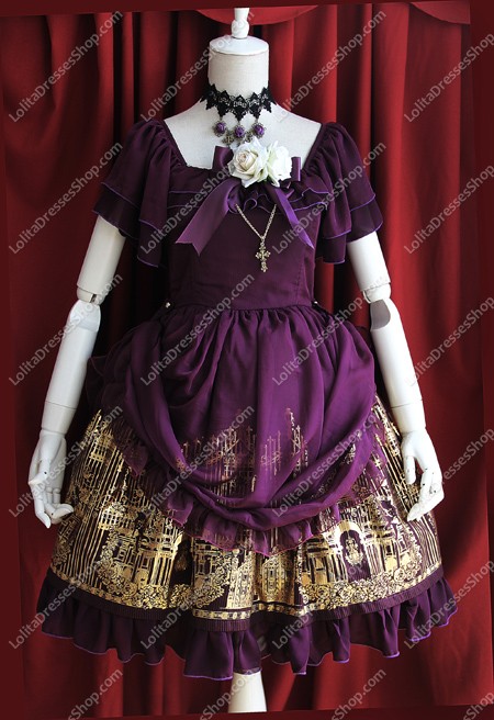 Purple Cotton Sweet Square Neck Short Sleeves Flouncing with Floral Lolita Dress
