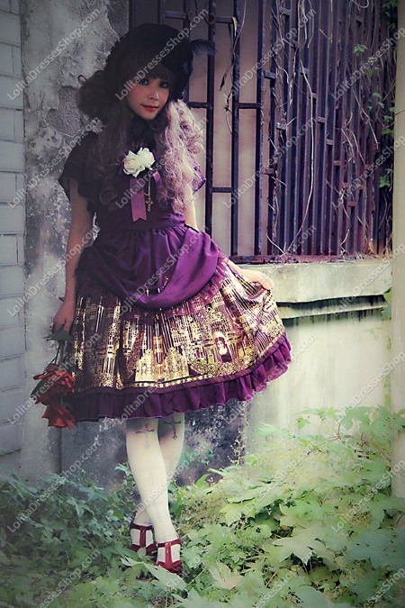 Purple Cotton Sweet Square Neck Short Sleeves Flouncing with Floral Lolita Dress