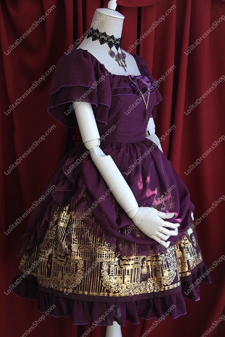 Purple Cotton Sweet Square Neck Short Sleeves Flouncing with Floral Lolita Dress
