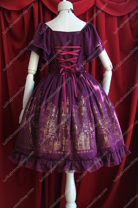 Purple Cotton Sweet Square Neck Short Sleeves Flouncing with Floral Lolita Dress