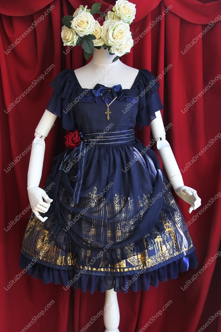 Navy Blue Cotton Sweet Square Neck Short Sleeves Flouncing with Floral Lolita Dress