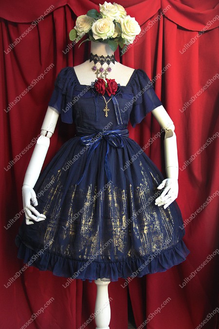 Navy Blue Cotton Sweet Square Neck Short Sleeves Flouncing with Floral Lolita Dress