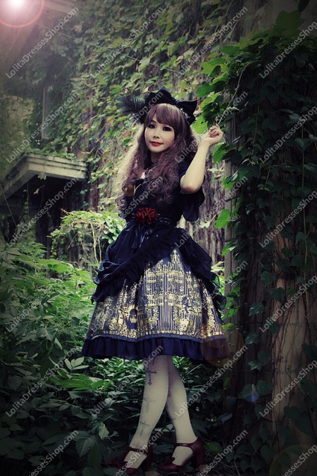 Navy Blue Cotton Sweet Square Neck Short Sleeves Flouncing with Floral Lolita Dress