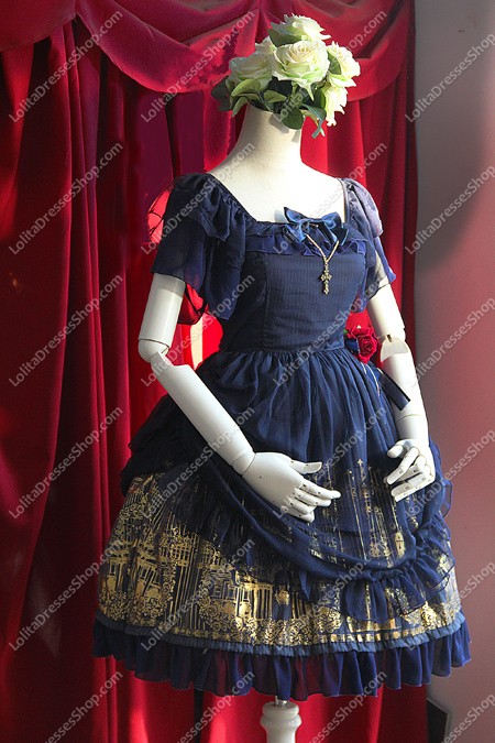 Navy Blue Cotton Sweet Square Neck Short Sleeves Flouncing with Floral Lolita Dress