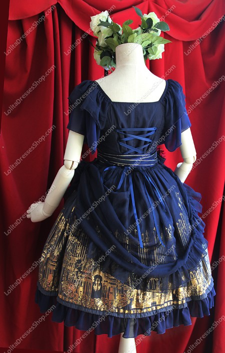 Navy Blue Cotton Sweet Square Neck Short Sleeves Flouncing with Floral Lolita Dress