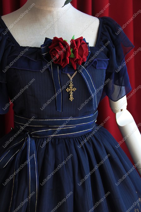 Navy Blue Cotton Sweet Square Neck Short Sleeves Flouncing with Floral Lolita Dress