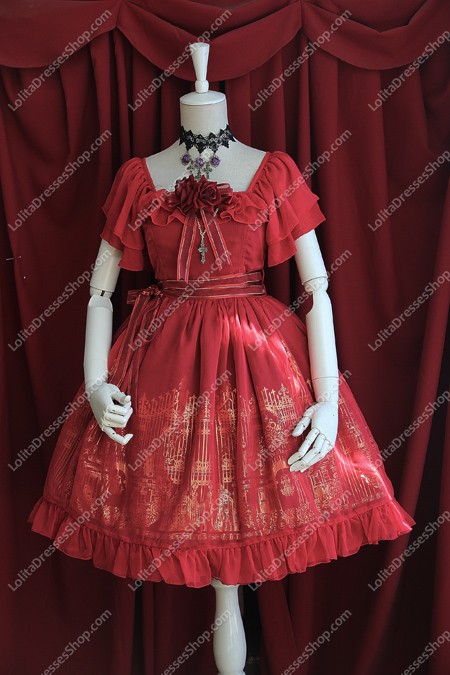 Wine Red Cotton Sweet Square Neck Short Sleeves Flouncing with Floral Lolita Dress