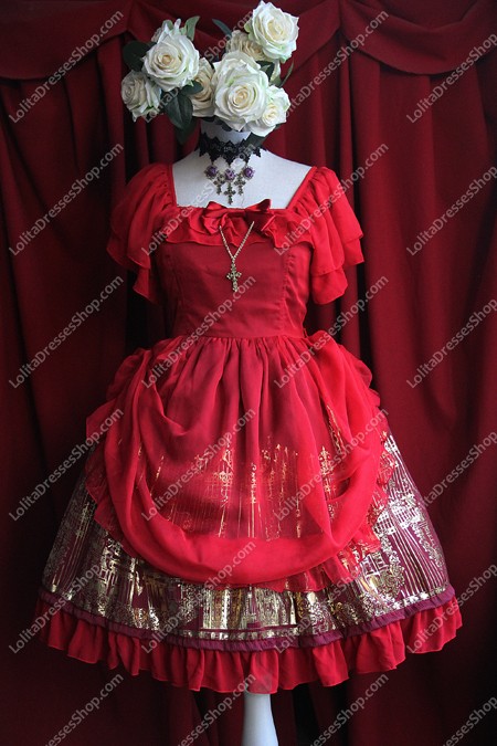 Wine Red Cotton Sweet Square Neck Short Sleeves Flouncing with Floral Lolita Dress