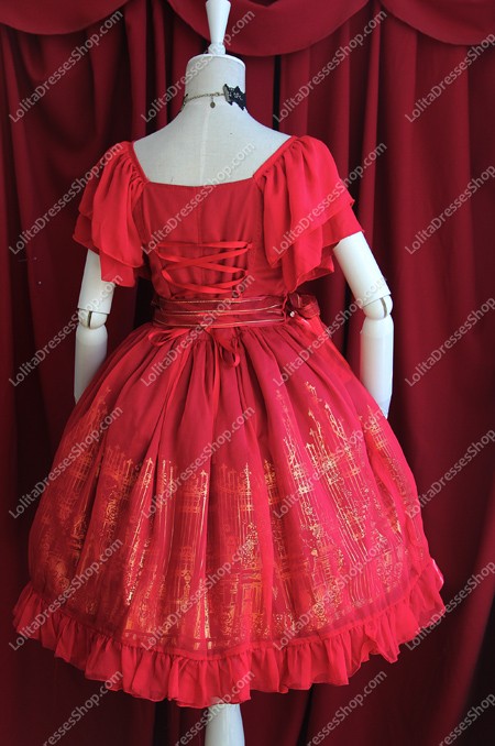 Wine Red Cotton Sweet Square Neck Short Sleeves Flouncing with Floral Lolita Dress