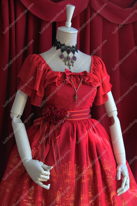 Wine Red Cotton Sweet Square Neck Short Sleeves Flouncing with Floral Lolita Dress